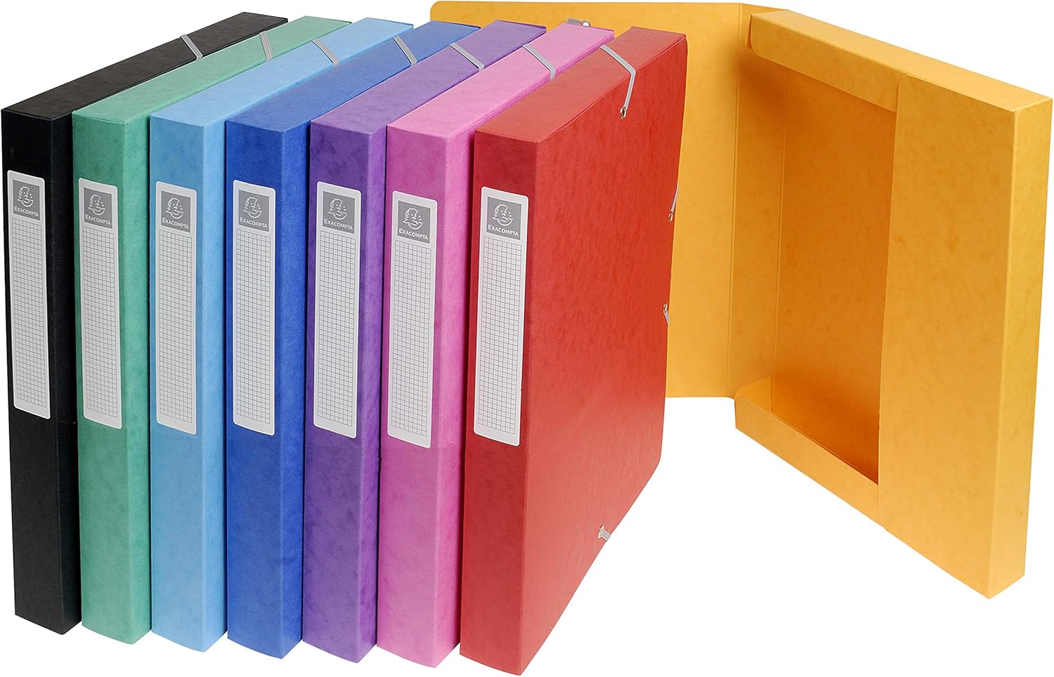 Exacompta elasticated filing archive box in assorted colors with 25mm spine, 600gsm pressboard, 270x340mm size, elastic closure.