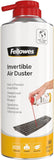 Fellowes 200ml invertible air duster for office cleaning, showing the ergonomic can with spray nozzle and label.