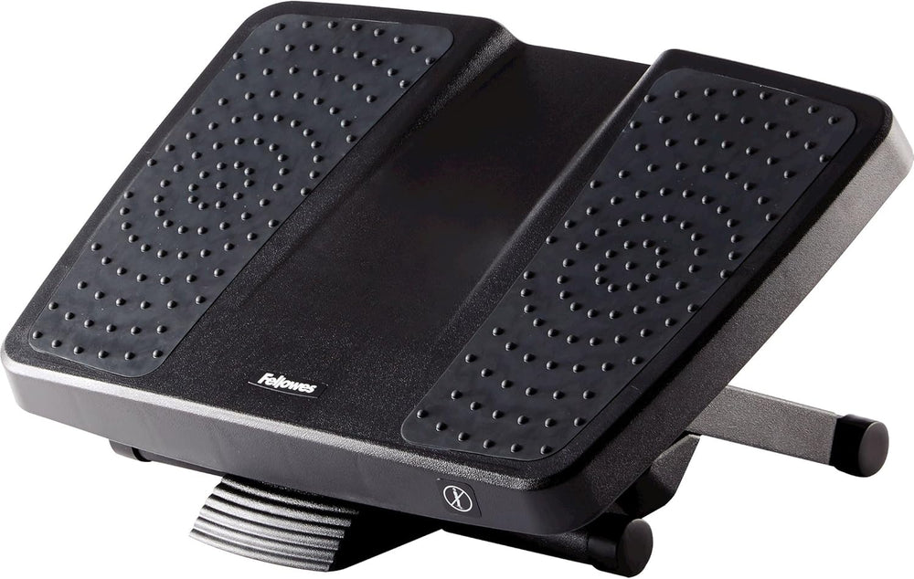 Fellowes Professional Series Ultra Ergonomic Under Desk Foot Rest in black with adjustable height and massage surface for office comfort.