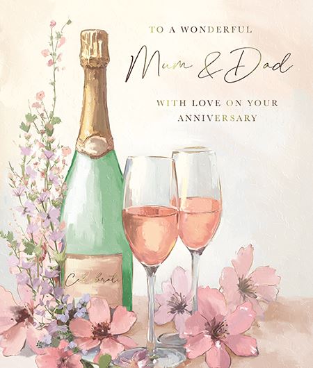 Romantic anniversary greeting card for Mum and Dad featuring champagne and flower design by GBCC.
