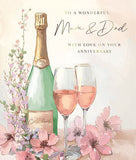 Romantic anniversary greeting card for Mum and Dad featuring champagne and flower design by GBCC.