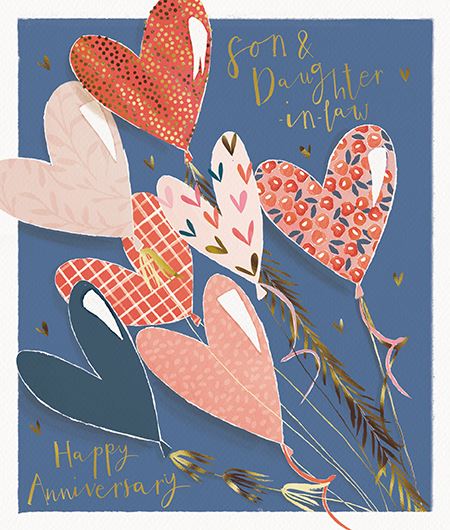 Son and Daughter-in-Law Anniversary Card with heart-shaped balloon and romantic design, by GBCC, perfect for celebrating love and special moments.