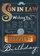 Son-in-law birthday greeting card from GBCC featuring embossed foil details, cheerful design, eco-friendly recyclable material.