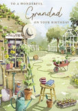 Grandad birthday greeting card featuring a potting shed and garden scene with foil details, from GBCC Family & Male Birthday collection.