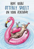 GBCC funny birthday card featuring an otter relaxing in a pool, eco-friendly greeting card for men and women, humorous animal design.