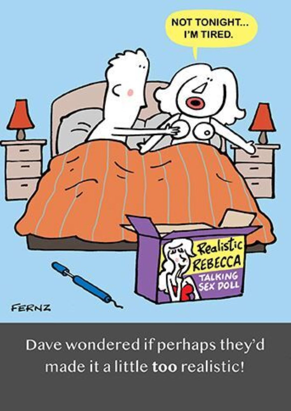 Funny adult birthday greeting card for him featuring cheeky bedtime humor cartoon, from GBCC.