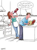 Humour Birthday greeting card by GBCC featuring a couple cooking with the message "Reduce the Wine," humorous adult birthday card.