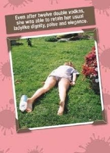 Funny birthday greeting card from GBCC featuring a girl face down with the caption "Young at Heart, Lady Like Dignity," perfect for adults.