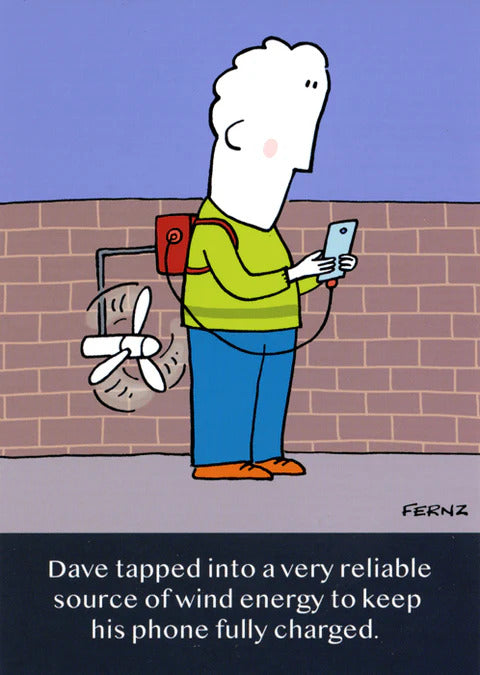 Funny tech birthday greeting card for him featuring a wind energy charging cartoon joke, by GBCC.