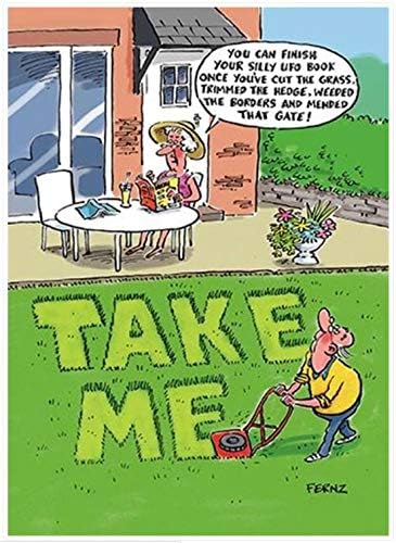 Humour birthday greeting card by GBCC featuring a playful UFO and grass-cutting theme, perfect for humorous birthday celebrations.