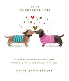 Cute Dachshund dogs anniversary greeting card for wife by GBCC, featuring romantic hearts and adorable dog illustrations.