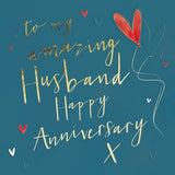 Romantic anniversary greeting card for husband with hearts and gold script design by GBCC, perfect for celebrating special moments.