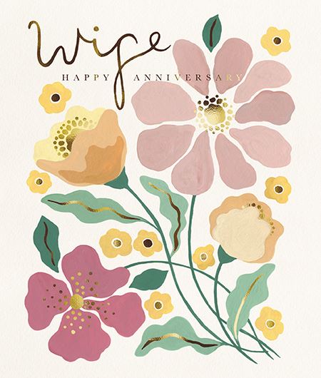 Elegant floral anniversary greeting card for wife by GBCC featuring gold accents and romantic design.