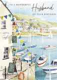 GBCC romantic birthday greeting card for husband featuring boats and café at the harbor with foil finish.