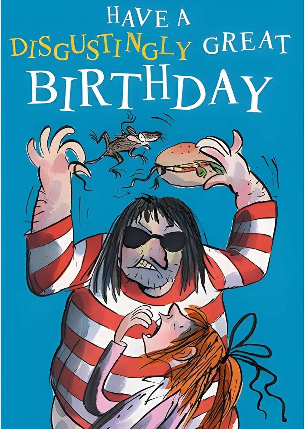 Kids birthday greeting card featuring David Walliams Ratburger design, UK-made boys greeting card by GBCC.