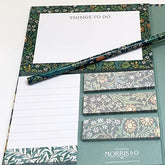 GBCC William Morris floral stationery set with sticky notes, notepad, and pencil in a decorative folder for desk organization.