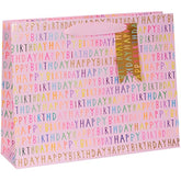 Pink Glick luxury gift bag with "Happy Birthday" landscape design, measuring 275mm high by 355mm wide with 100mm depth.
