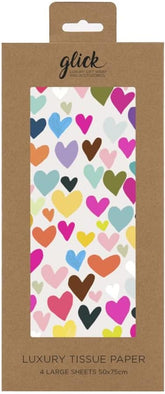 Glick hearts-themed tissue paper in four sheets, 750mm by 500mm, ideal for gift packaging and wrapping.