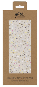 Glick gift packaging tissue paper with four sheets featuring colorful heart patterns for wrapping presents.