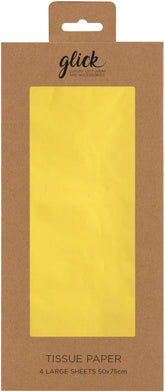 Glick lemon yellow tissue paper sheets, 750mm x 500mm, for gift packaging and craft projects, four sheets included.