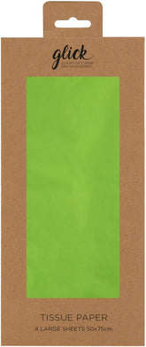 Four sheets of lime green Glick tissue paper, 750mm by 500mm, ideal for gift packaging and decorative wrapping.
