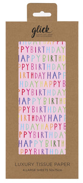 Glick luxury pink Happy Birthday tissue paper sheets for gift wrapping, open to 750 x 500 mm size.