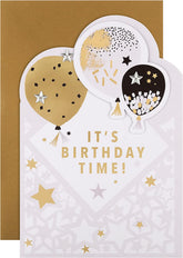 Hallmark birthday card featuring die-cut metallic balloons design with colorful, shiny balloon illustrations on the front.