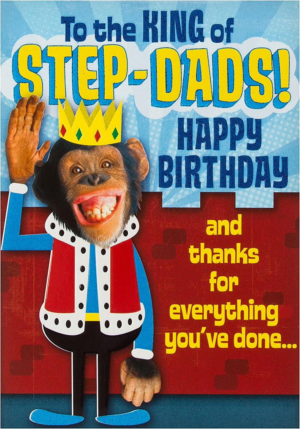 Hallmark birthday greeting card for stepdad, featuring a "King of Step" design with colorful, cheerful artwork for special occasions