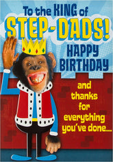 Hallmark birthday greeting card for stepdad, featuring a "King of Step" design with colorful, cheerful artwork for special occasions