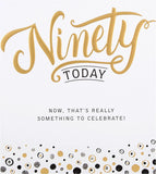 Hallmark 90th birthday greeting card with embossed text design, featuring elegant birthday message on the front.