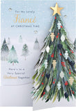 Hallmark boxed Christmas greeting card for fiancé featuring a classic winter scene with a decorated tree design.
