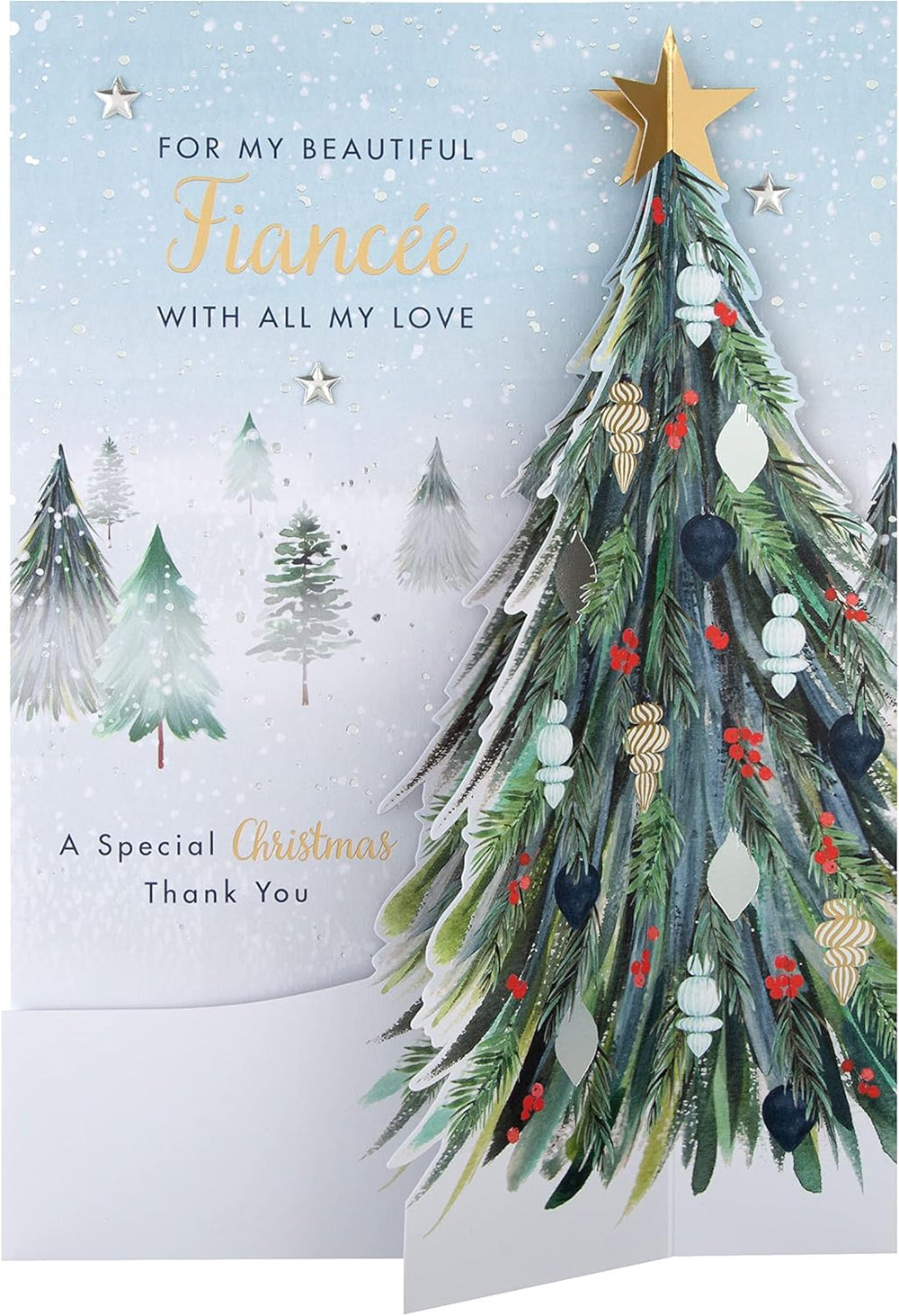 Hallmark boxed Christmas greeting card for fiancée featuring a classic winter scene with a decorated tree design.