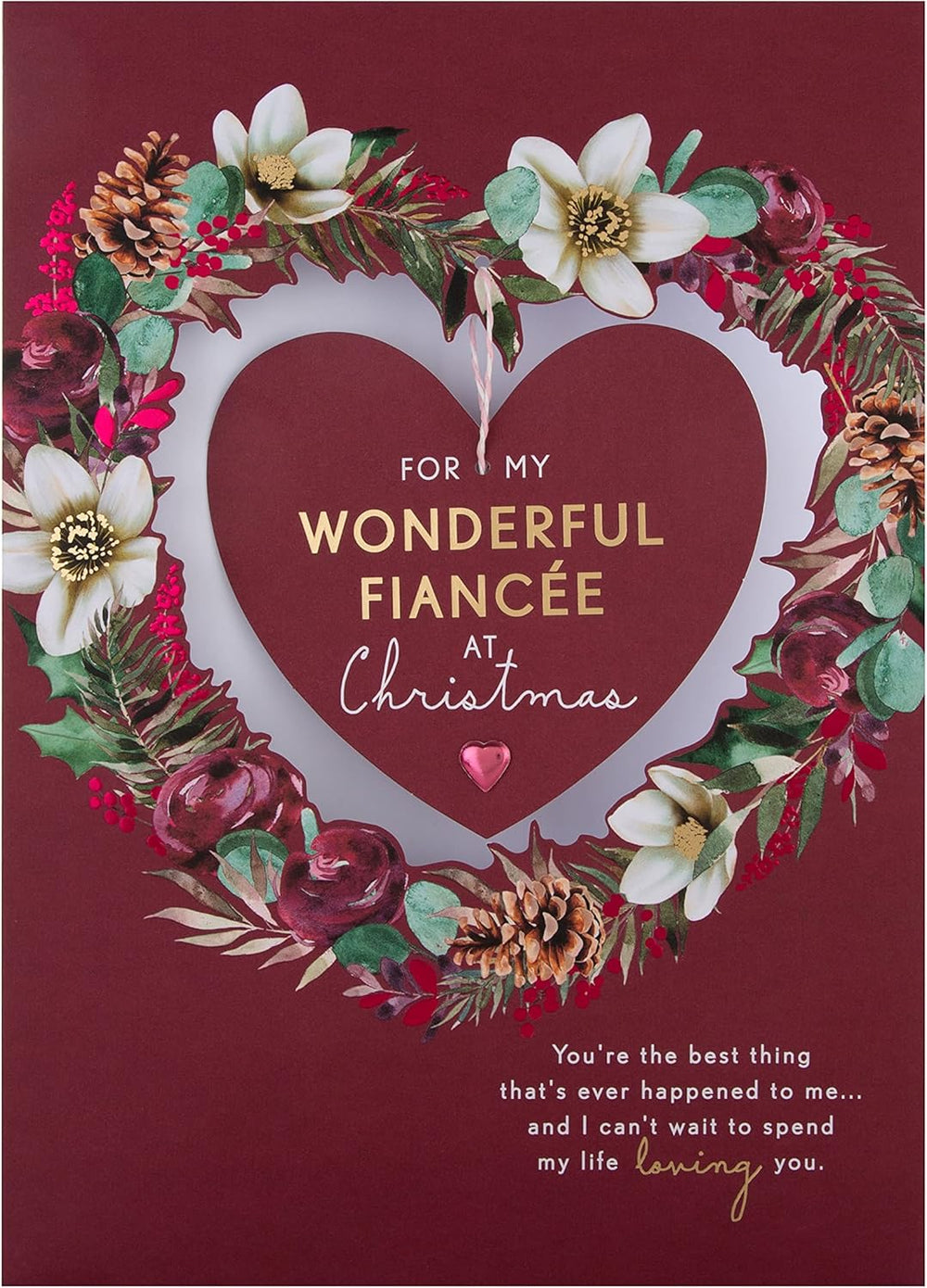 Hallmark boxed Christmas greeting card for fiancée featuring a traditional heart and wreath design, ideal for holiday wishes.
