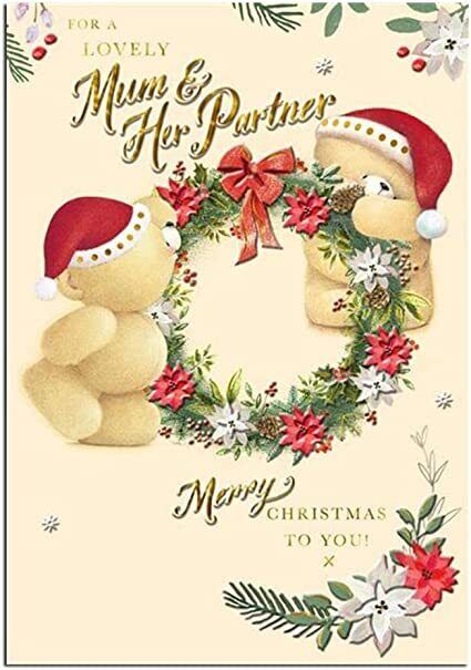 Hallmark Christmas greeting card for mum and partner featuring festive Forever Friends design with holiday-themed illustrations.