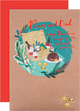 Hallmark Christmas greeting card featuring a contemporary illustrated Mum and Dad design with 3D attachment.