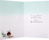 Hallmark Christmas greeting card featuring Mum and Dad with contemporary illustrated design and 3D attachment.