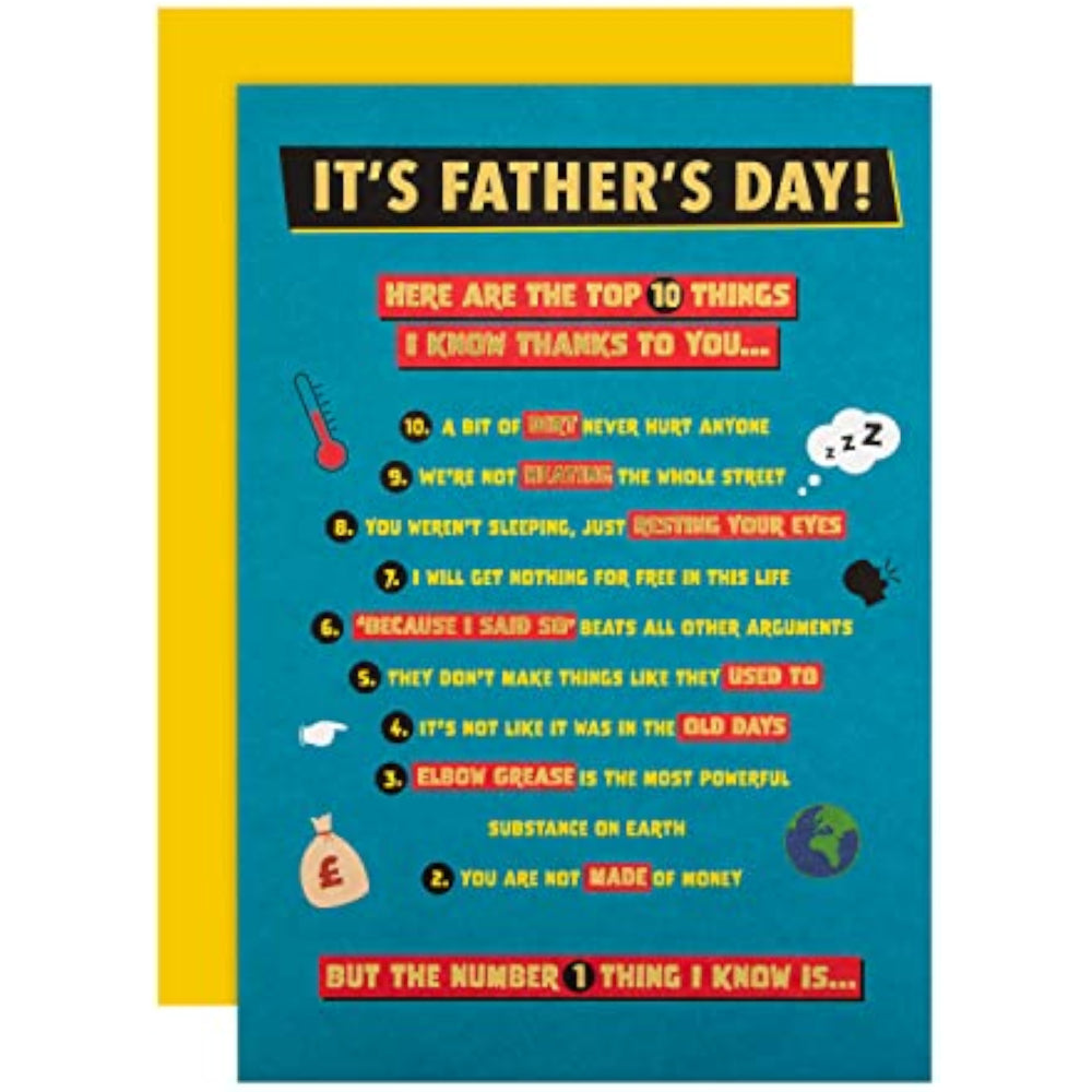 Funny Hallmark Father's Day Card with "Top 10 Things" design, featuring humorous illustrations for celebrating dad.