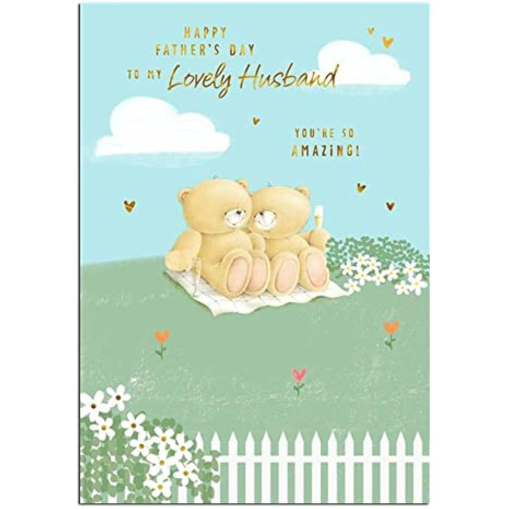 Hallmark Forever Friends Father's Day card featuring a heartfelt message for husbands, with colorful design and cheerful imagery.