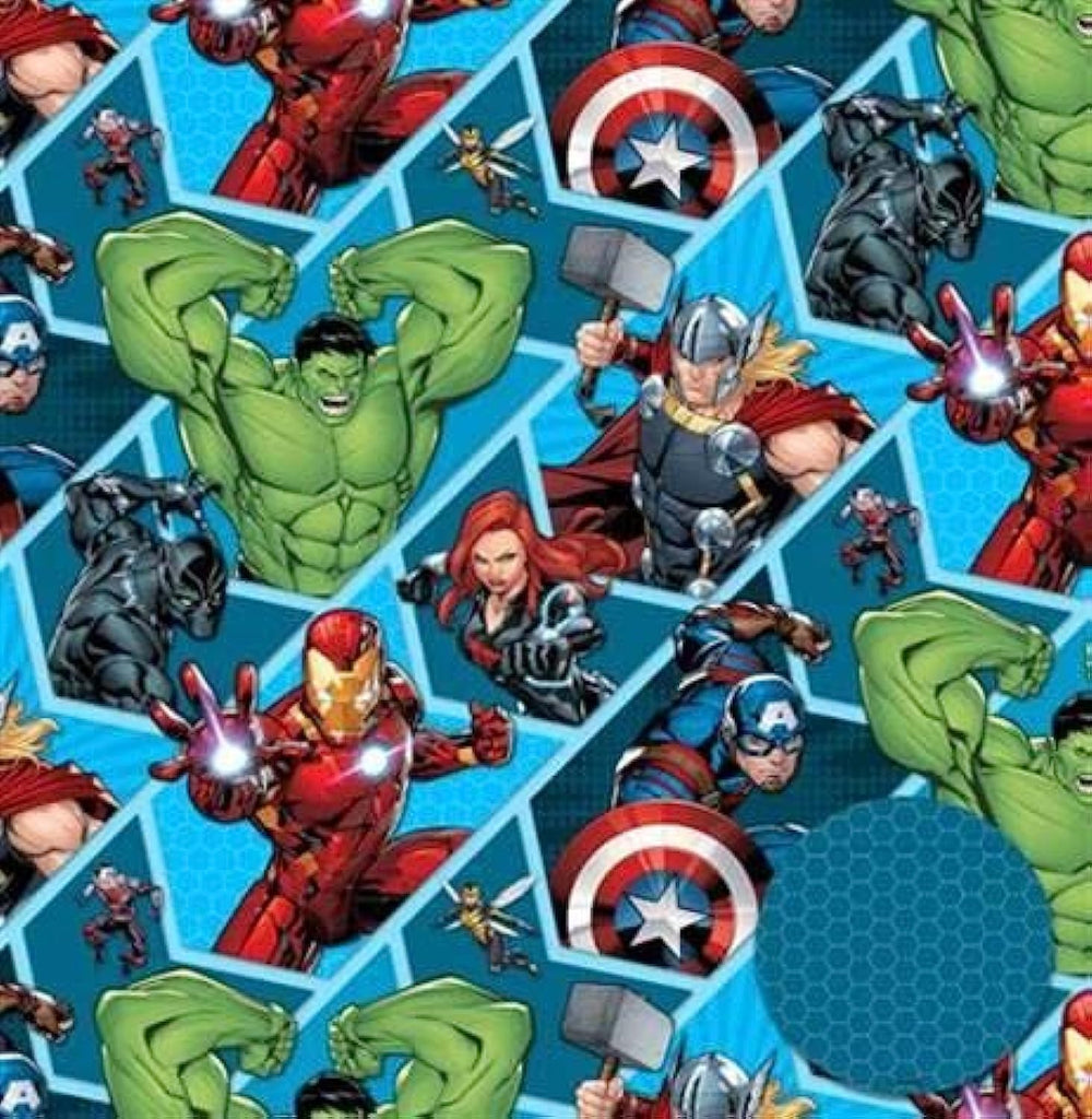Hallmark Marvel Avengers wrapping paper with Marvel superhero designs, includes 2 sheets and 2 matching gift tags.