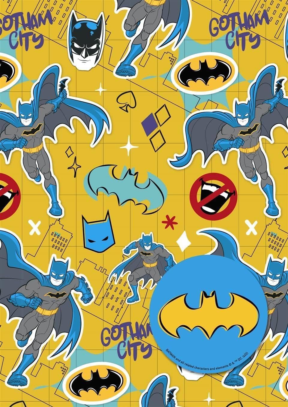 Hallmark Batman gift wrap with two sheets and two gift tags featuring Batman logo and comic-style design on glossy paper.