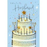 Hallmark greeting card featuring a blue birthday cake design, perfect for wishing a happy birthday to your husband.