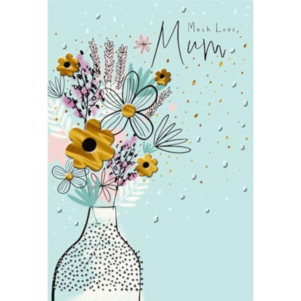 Hallmark greeting card featuring birthday flowers in a vase with "Much Love" for Mum, designed for celebrating Mother's Day or birthdays