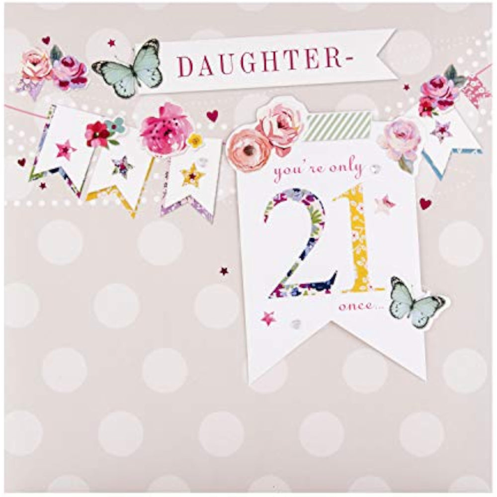 Hallmark 21st Daughter birthday greeting card with bunting design, colorful illustrations, perfect for celebrating her special day.