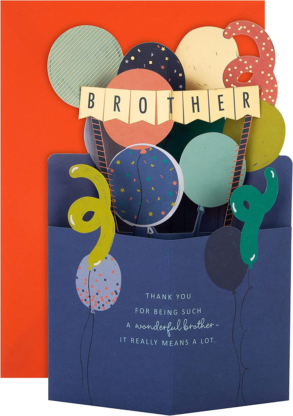 Hallmark 3D birthday card for brother featuring colorful balloons and bunting design with festive, vibrant illustrations.