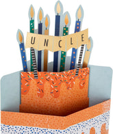 Hallmark 3D birthday card with cake and candles design for Uncle, featuring colorful illustrations and decorative elements.