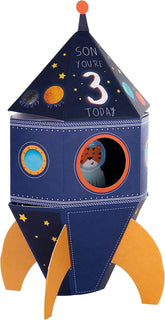 Hallmark 3rd birthday greeting card for son featuring a 3D pop-up rocket design with colorful illustrations.