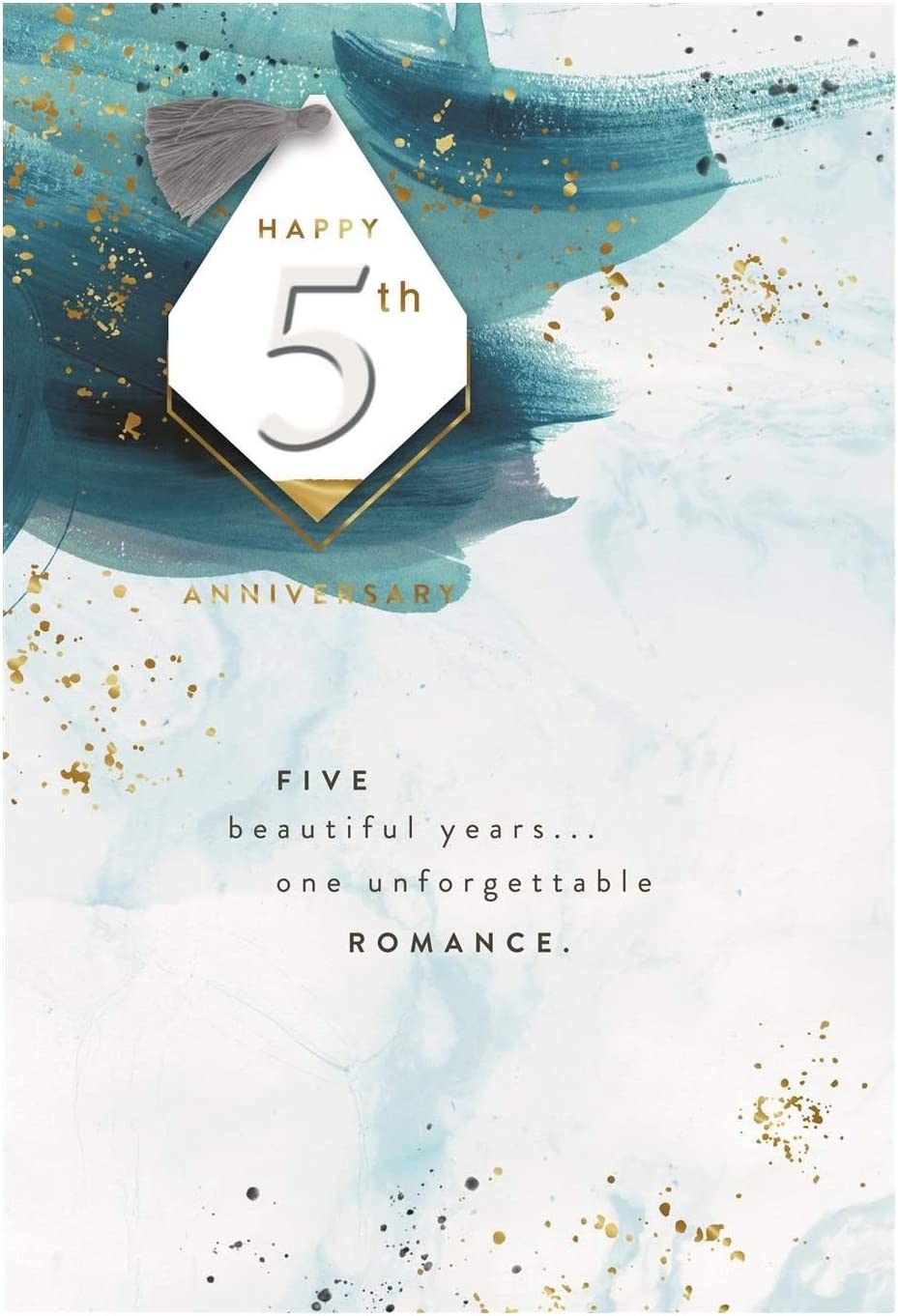 Hallmark 5th wedding anniversary greeting card with a 3D tag design, featuring elegant decorative elements and heartfelt message.