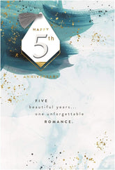 Hallmark 5th wedding anniversary greeting card with a 3D tag design, featuring elegant decorative elements and heartfelt message.