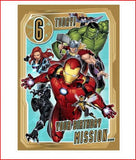 Hallmark Avengers birthday greeting card featuring Marvel characters with a superhero theme and "6 Today Your Birthday Mission" message.