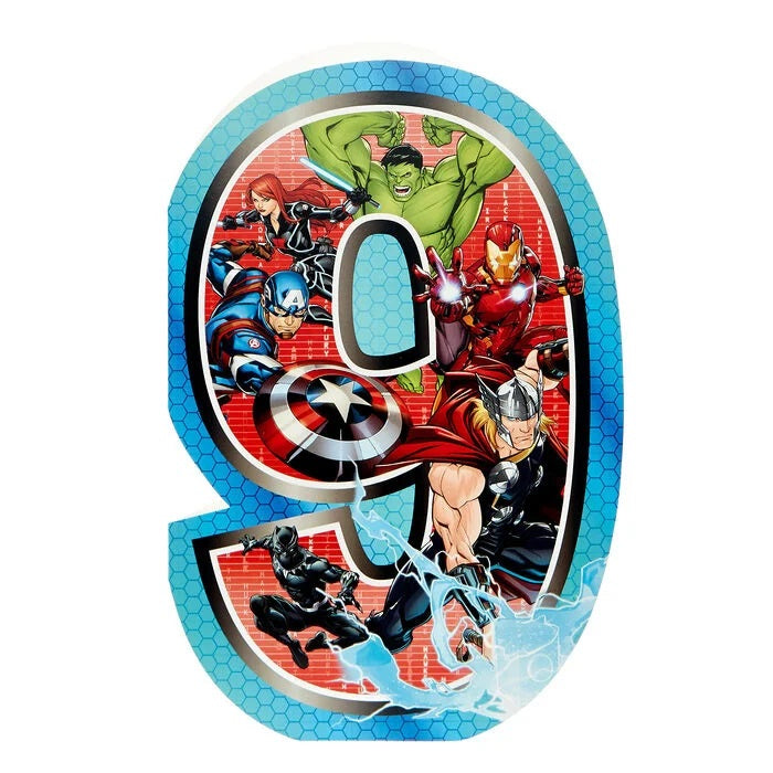 Hallmark Avengers 9 Years birthday greeting card featuring superhero characters and colorful design for young fans.